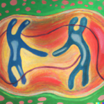 two dancing figures with a suggestion of mitochondria and endoplasmic reticulum