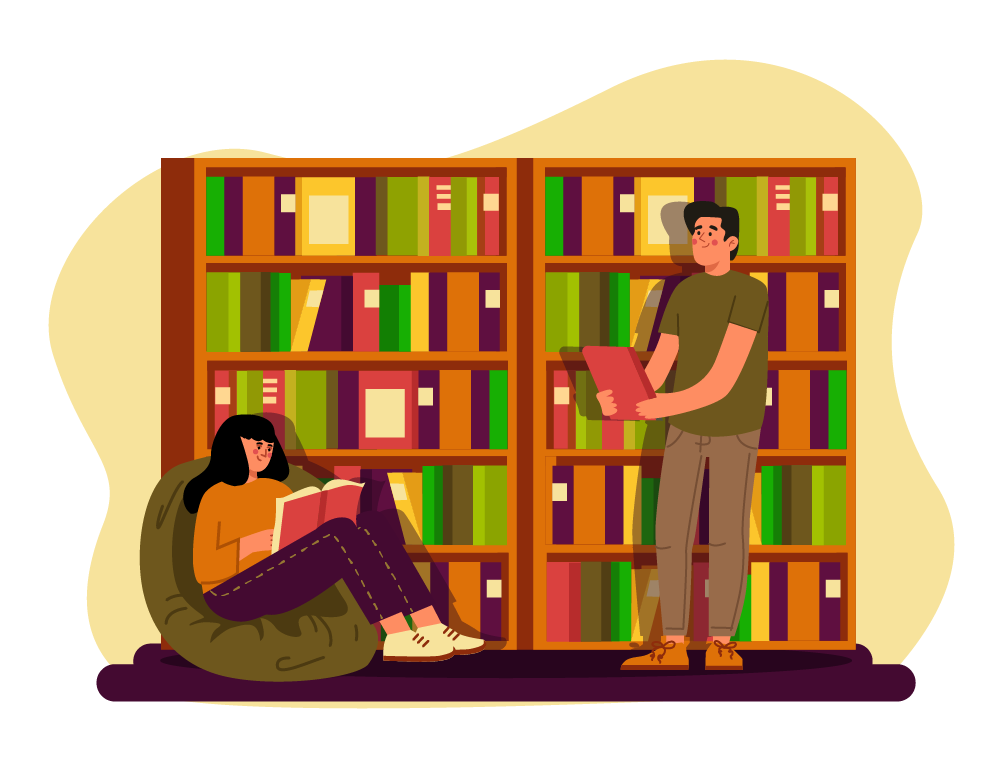 flat cartoon with two people reading near bookshelf