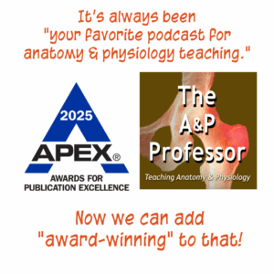 apex awards logo; The A&P Professor logo; Text: It's always been your favorite podcast for anatomy & physiologoy teaching. Now we can add award-winning to that!